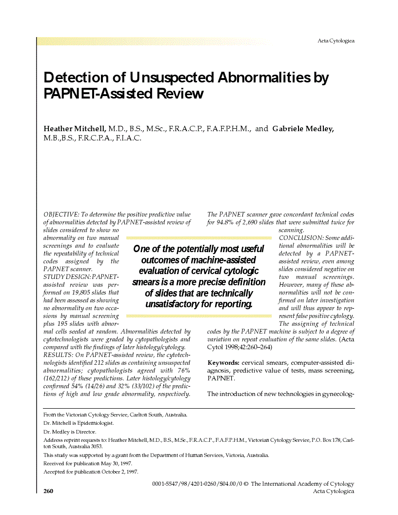 First page of Detection of Unsuspected Abnormalities by PAPNET-Assisted Review