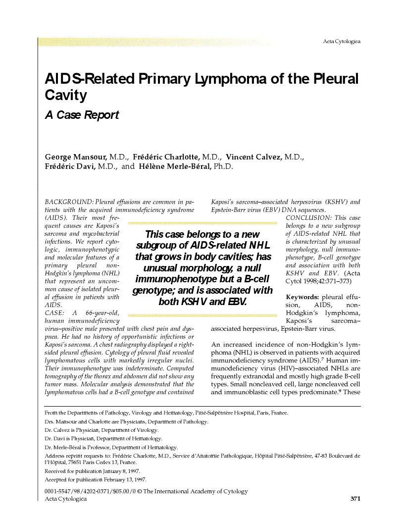 First page of AIDS-Related Primary Lymphoma of the Pleural Cavity<subtitle>A Case Report</subtitle>