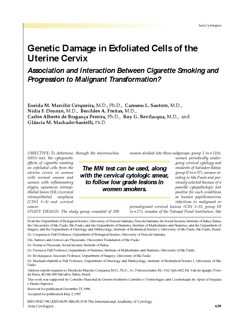 First page of Genetic Damage in Exfoliated Cells of the Uterine Cervix<subtitle>Association and Interaction Between Cigarette Smoking and Progression to Malignant Transformation?</subtitle>