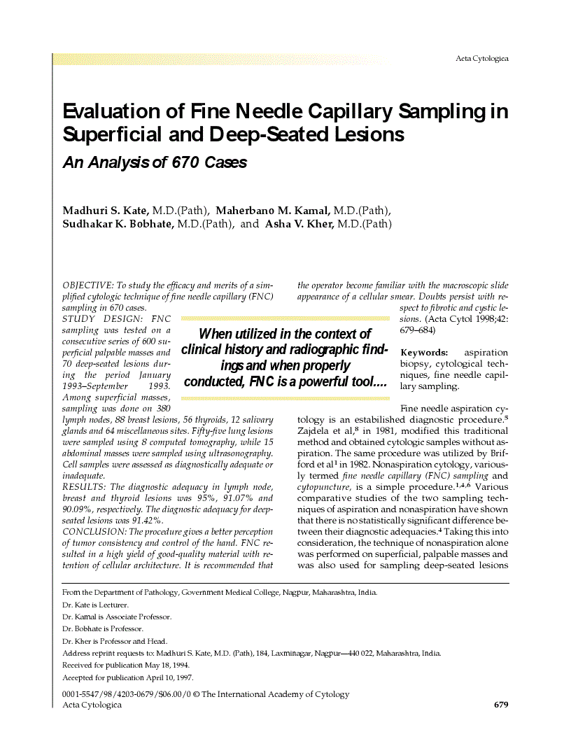 First page of Evaluation of Fine Needle Capillary Sampling in Superficial and Deep-Seated Lesions<subtitle>An Analysis of 670 Cases</subtitle>