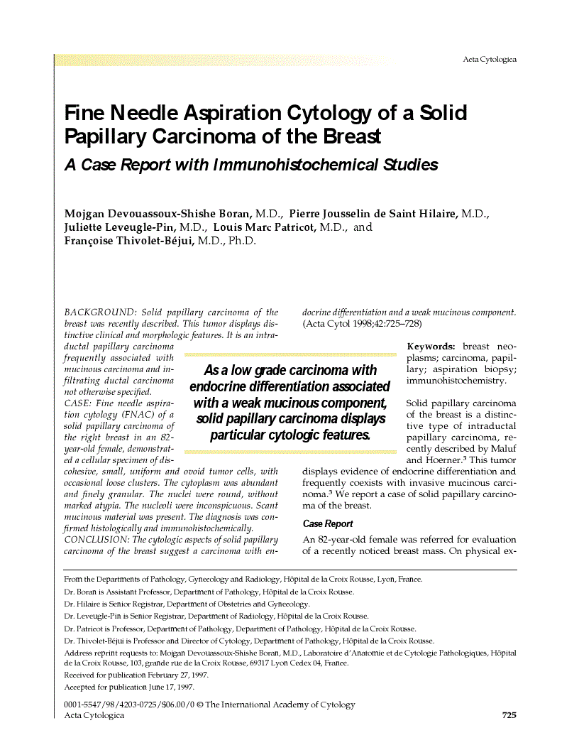 First page of Fine Needle Aspiration Cytology of a Solid Papillary Carcinoma of the Breast<subtitle>A Case Report with Immunohistochemical Studies</subtitle>