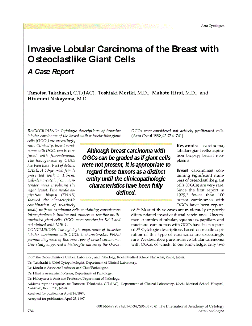 First page of Invasive Lobular Carcinoma of the Breast with Osteoclastlike Giant Cells<subtitle>A Case Report</subtitle>