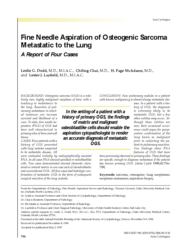 First page of Fine Needle Aspiration of Osteogenic Sarcoma Metastatic to the Lung<subtitle>A Report of Four Cases</subtitle>