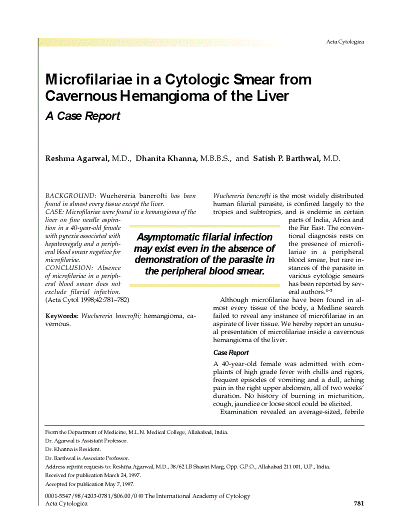 First page of Microfilariae in a Cytologic Smear from Cavernous Hemangioma of the Liver<subtitle>A Case Report</subtitle>