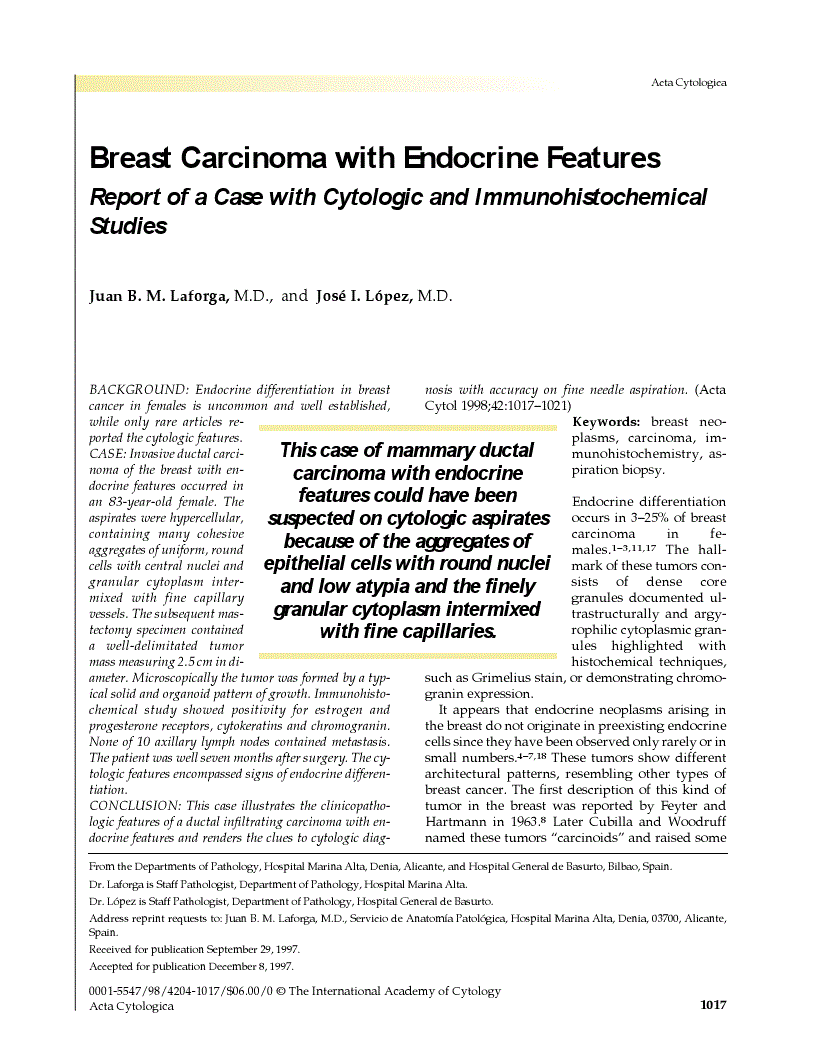 First page of Breast Carcinoma with Endocrine Features<subtitle>Report of a Case with Cytologic and Immunohistochemical Studies</subtitle>