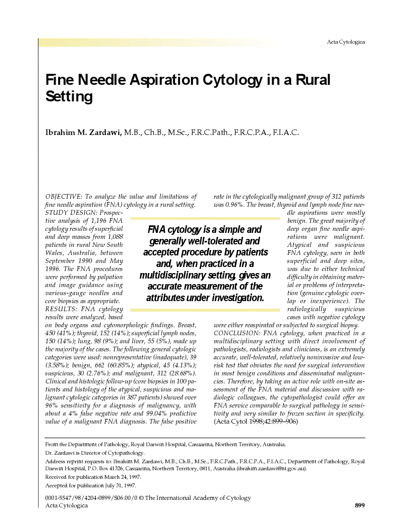 First page of Fine Needle Aspiration Cytology in a Rural Setting
