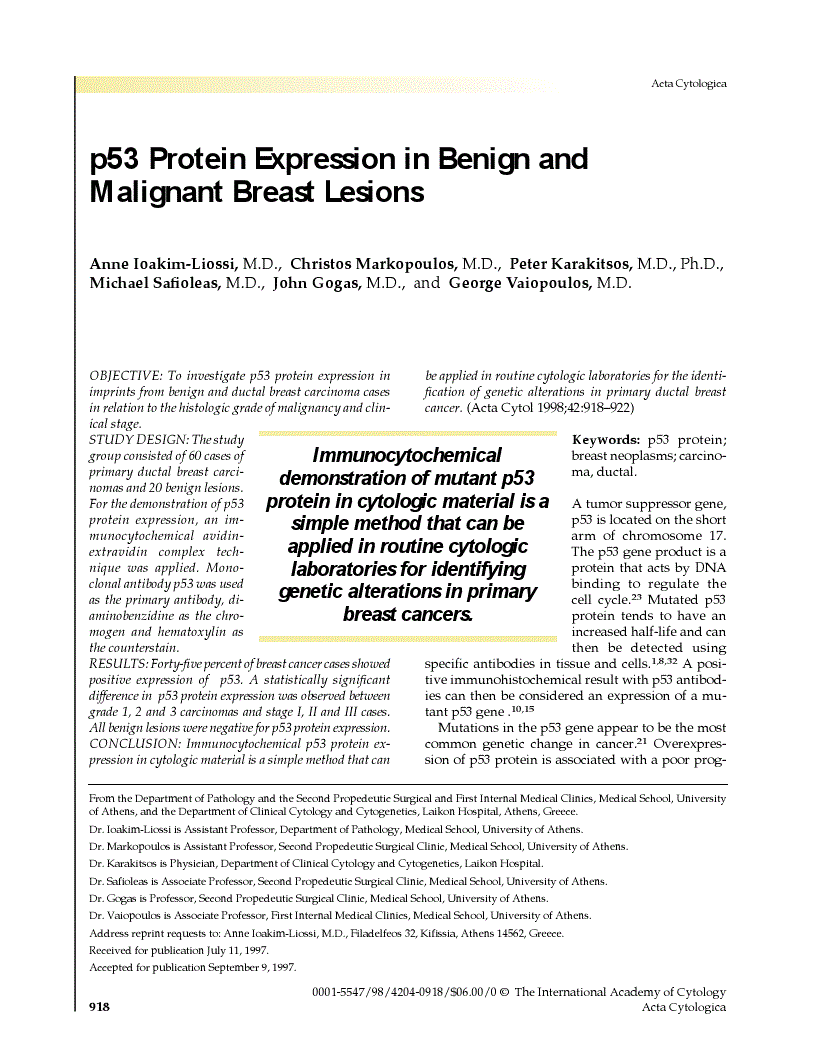 First page of p53 Protein Expression in Benign and Malignant Breast Lesions