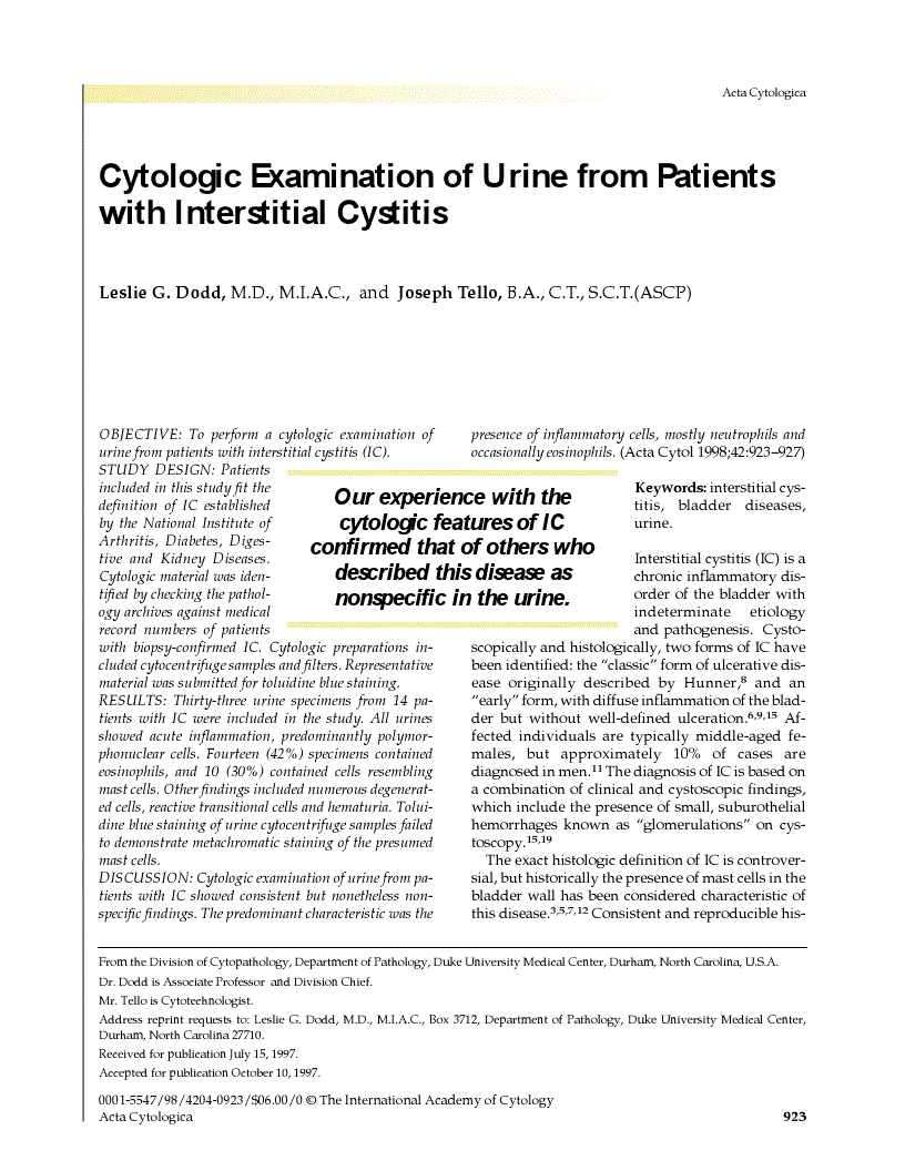 First page of Cytologic Examination of Urine from Patients with Interstitial Cystitis