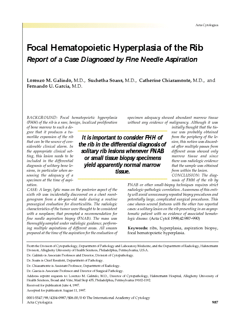 First page of Focal Hematopoietic Hyperplasia of the Rib<subtitle>Report of a Case Diagnosed by Fine Needle Aspiration</subtitle>