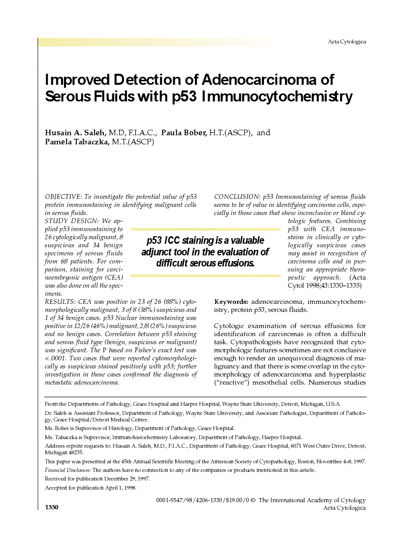First page of Improved Detection of Adenocarcinoma of Serous Fluids with p53 Immunocytochemistry