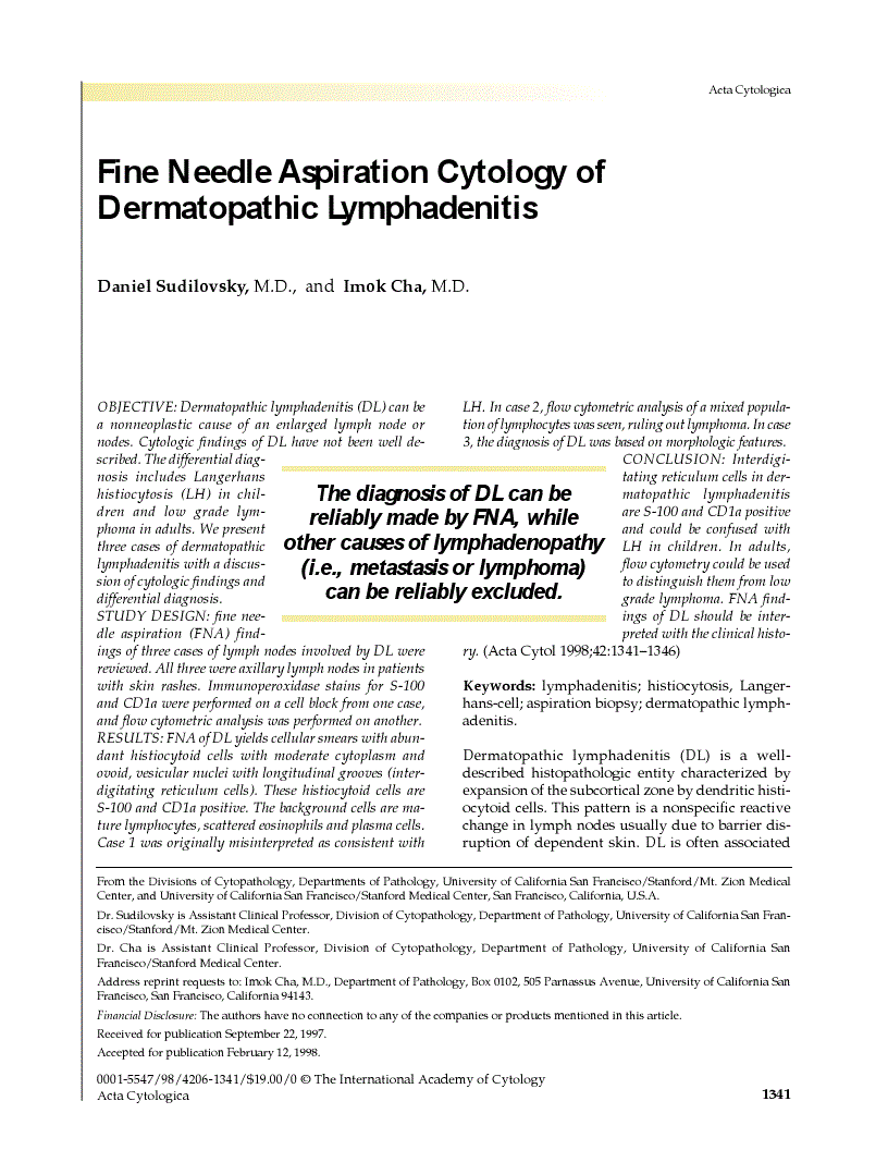 First page of Fine Needle Aspiration Cytology of Dermatopathic Lymphadenitis