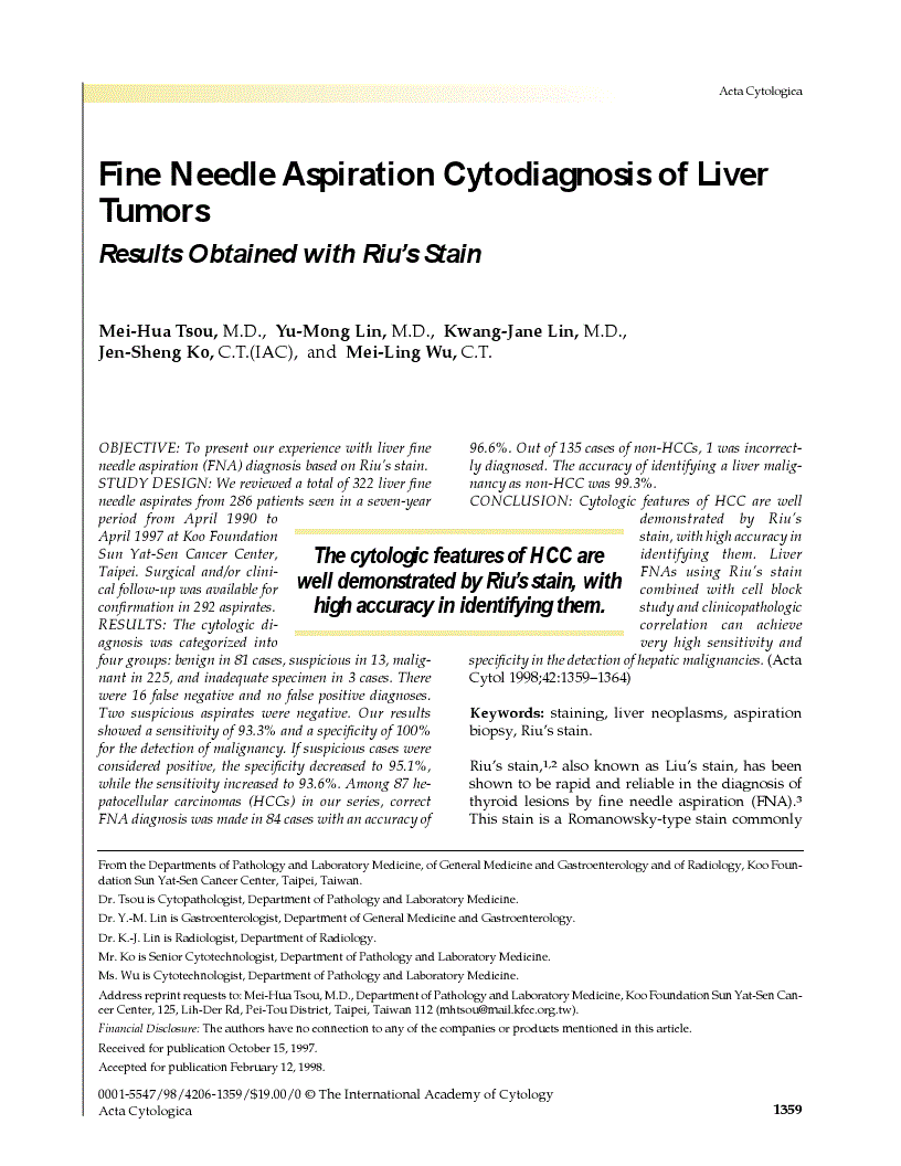 First page of Fine Needle Aspiration Cytodiagnosis of Liver Tumors<subtitle>Results Obtained with Riu’s Stain</subtitle>
