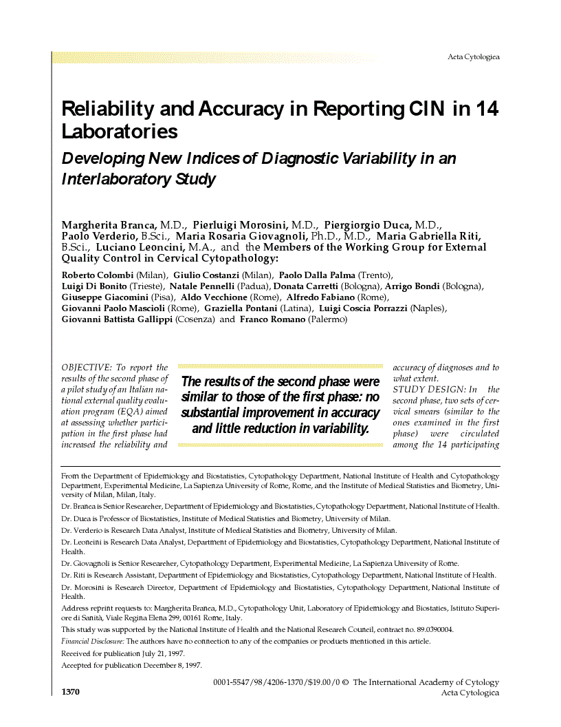 First page of Reliability and Accuracy in Reporting CIN in 14 Laboratories<subtitle>Developing New Indices of Diagnostic Variability in an Interlaboratory Study</subtitle>