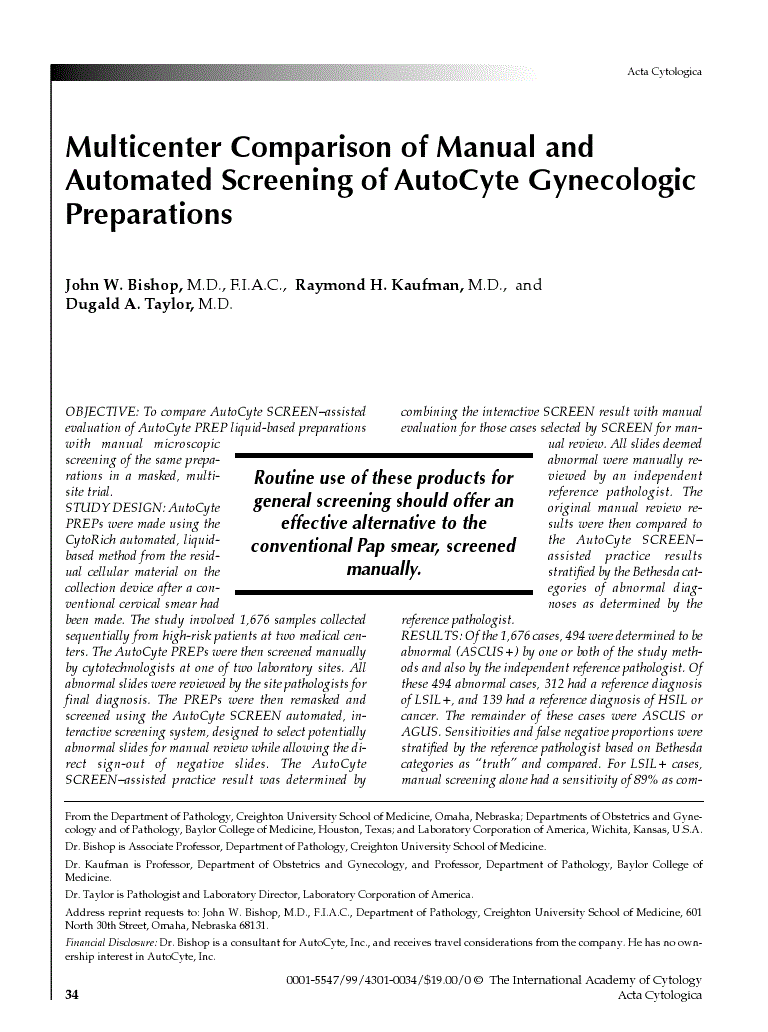 First page of Multicenter Comparison of Manual and Automated Screening of AutoCyte Gynecologic Preparations