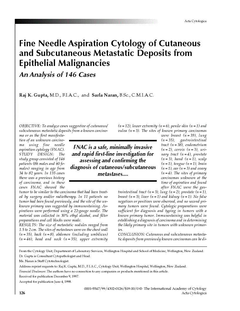 First page of Fine Needle Aspiration Cytology of Cutaneous and Subcutaneous Metastatic Deposits from Epithelial Malignancies<subtitle>An Analysis of 146 Cases</subtitle>