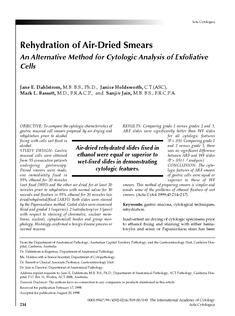 First page of Rehydration of Air-Dried Smears<subtitle>An Alternative Method for Cytologic Analysis of Exfoliative Cells</subtitle>