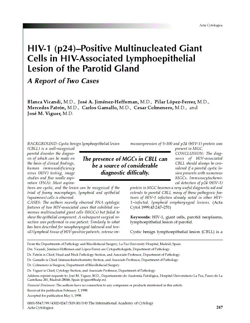 First page of HIV-1 (p24)–Positive Multinucleated Giant Cells in HIV-Associated Lymphoepithelial Lesion of the Parotid Gland<subtitle>A Report of Two Cases</subtitle>