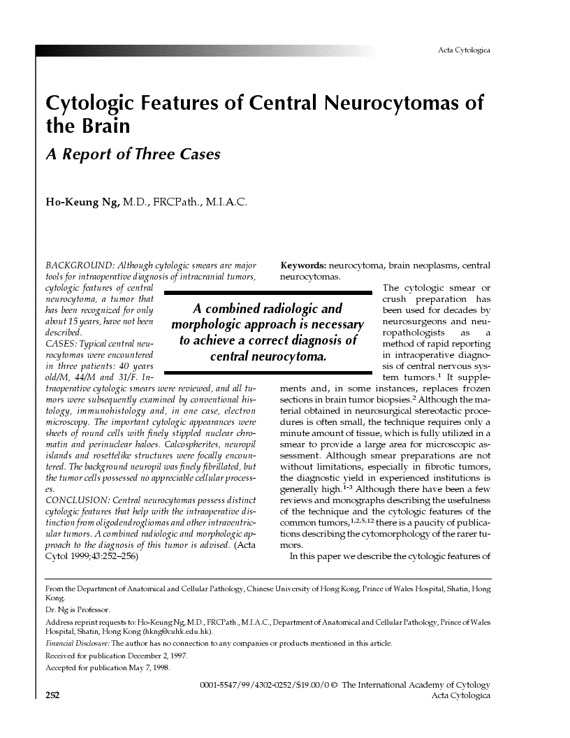 First page of Cytologic Features of Central Neurocytomas of the Brain<subtitle>A Report of Three Cases</subtitle>