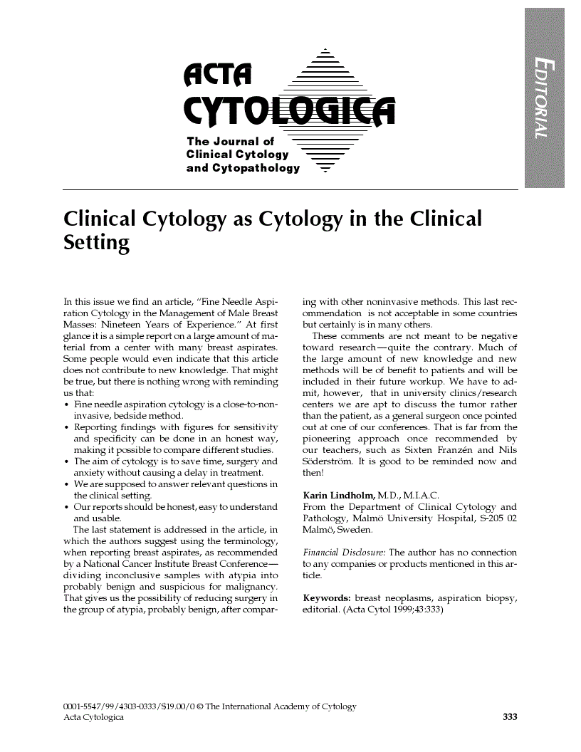 First page of Clinical Cytology as Cytology in the Clinical Setting