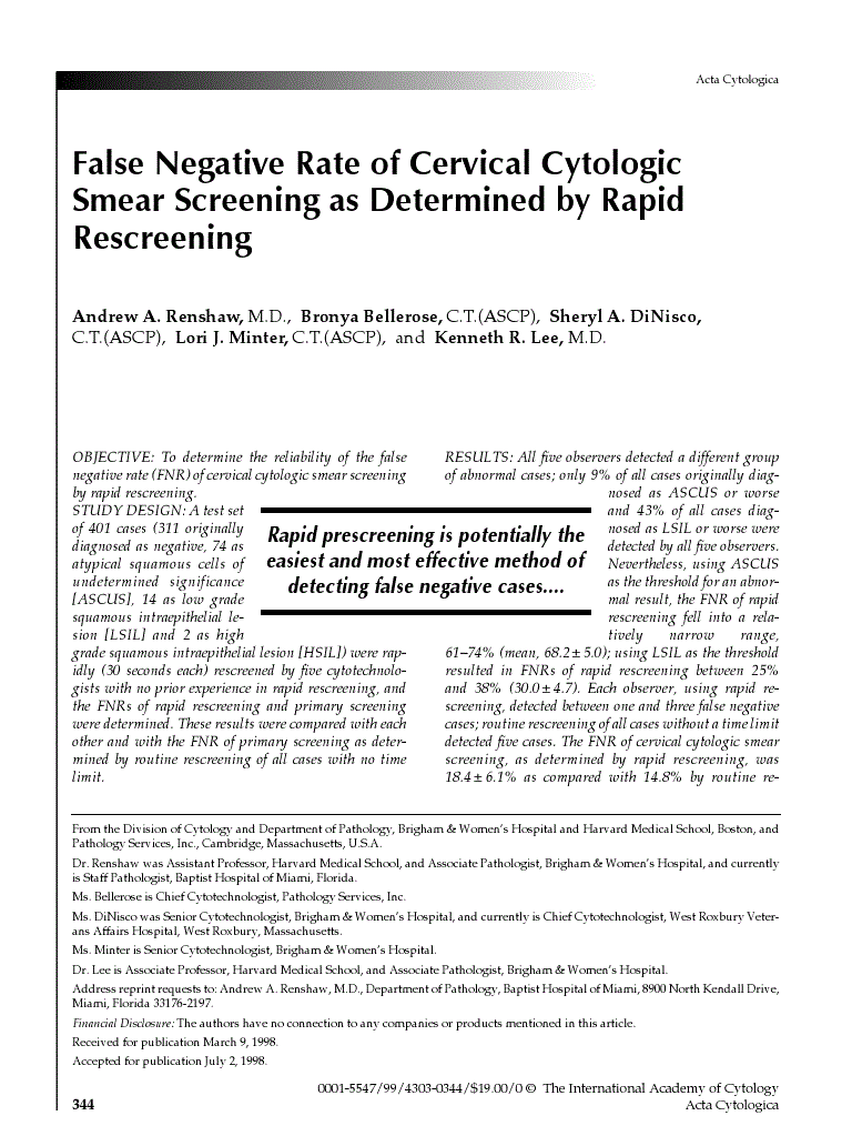 First page of False Negative Rate of Cervical Cytologic Smear Screening as Determined by Rapid Rescreening