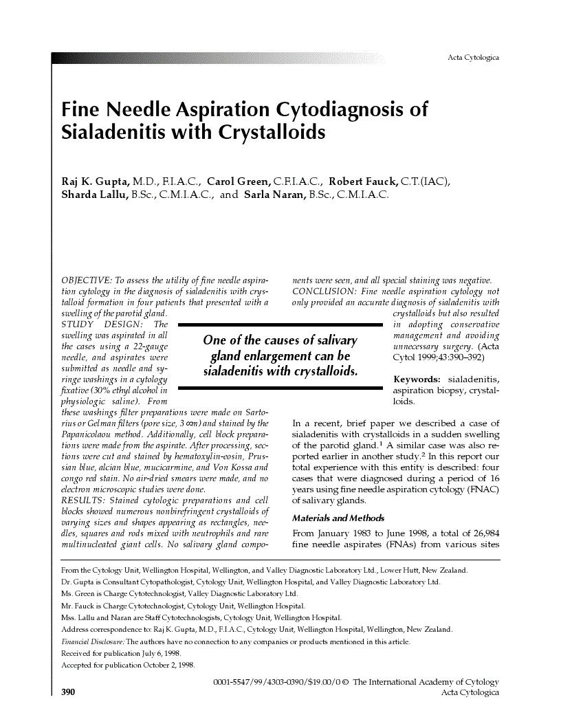 First page of Fine Needle Aspiration Cytodiagnosis of Sialadenitis with Crystalloids