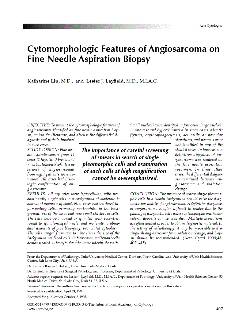 First page of Cytomorphologic Features of Angiosarcoma on Fine Needle Aspiration Biopsy