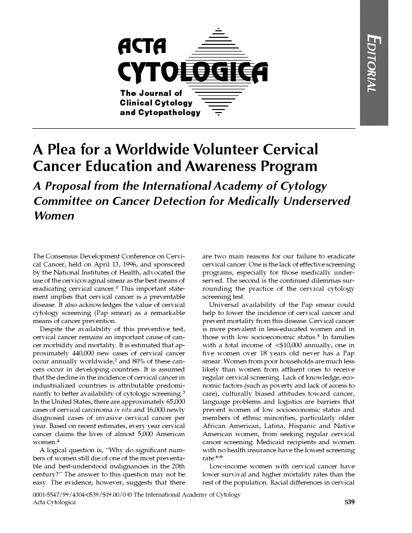 First page of A Plea for a Worldwide Volunteer Cervical Cancer Education and Awareness Program<subtitle>A Proposal from the International Academy of Cytology Committee on Cancer Detection for Medically Underserved Women</subtitle>
