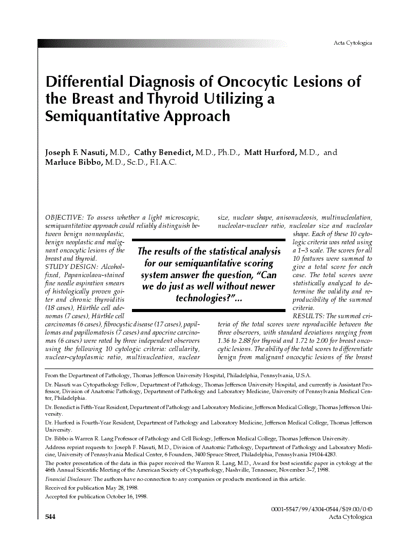 First page of Differential Diagnosis of Oncocytic Lesions of the Breast and Thyroid Utilizing a Semiquantitative Approach