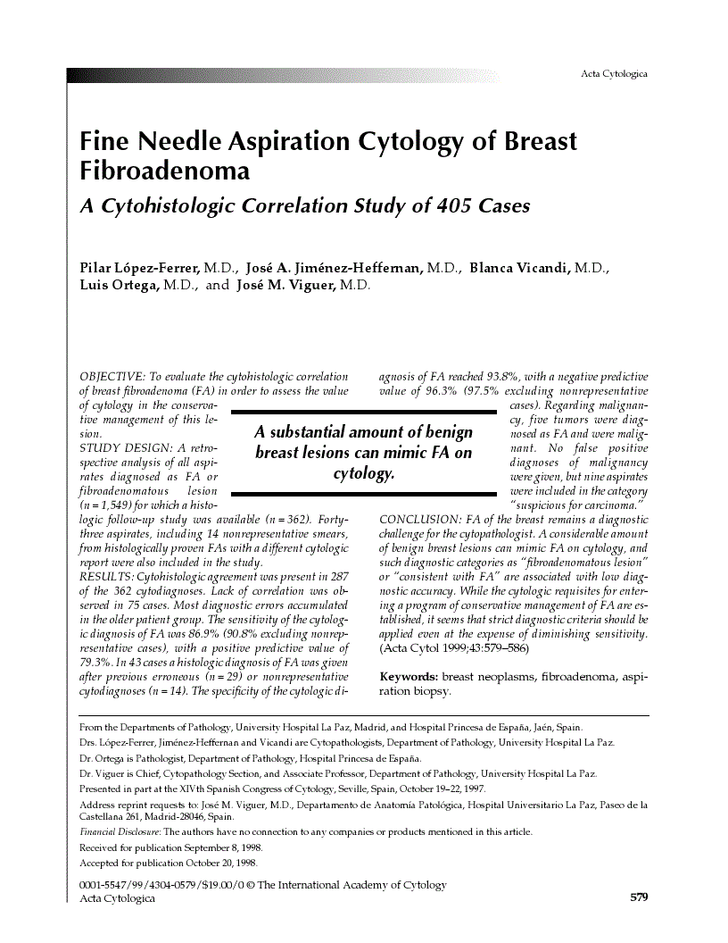 First page of Fine Needle Aspiration Cytology of Breast Fibroadenoma<subtitle>A Cytohistologic Correlation Study of 405 Cases</subtitle>