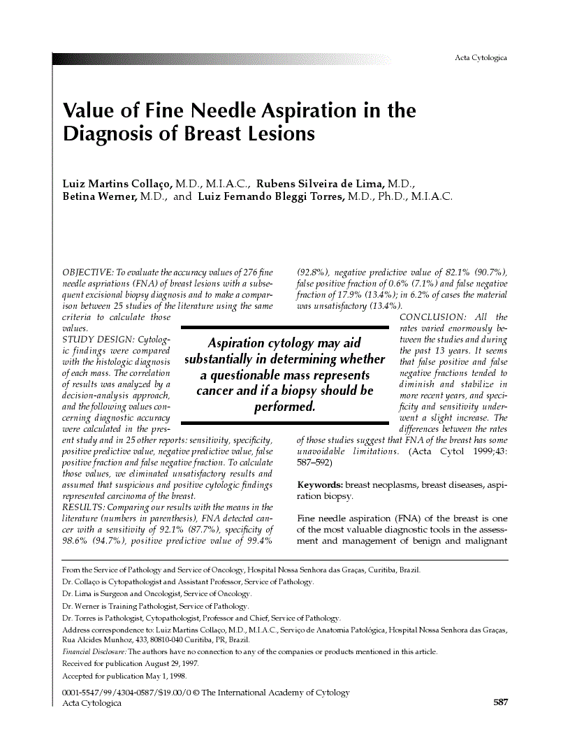 First page of Value of Fine Needle Aspiration in the Diagnosis of Breast Lesions
