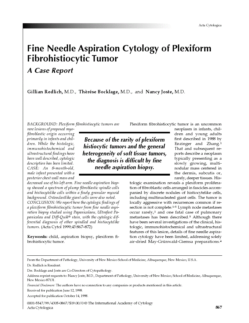 First page of Fine Needle Aspiration Cytology of Plexiform Fibrohistiocytic Tumor<subtitle>A Case Report</subtitle>