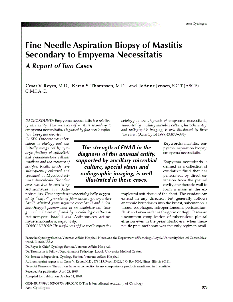 Fine Needle Aspiration Biopsy of Mastitis Secondary to Empyema