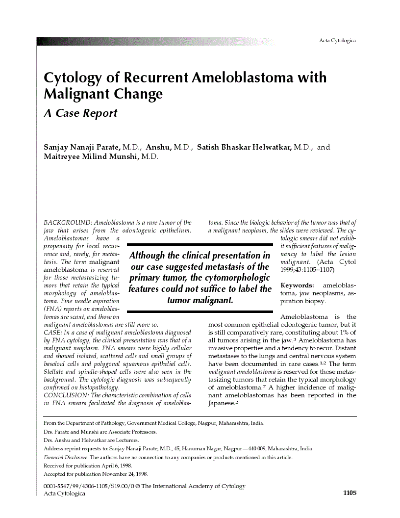 First page of Cytology of Recurrent Ameloblastoma with Malignant Change<subtitle>A Case Report</subtitle>
