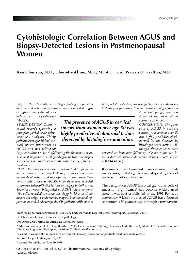 First page of Cytohistologic Correlation Between AGUS and Biopsy-Detected Lesions in Postmenopausal Women