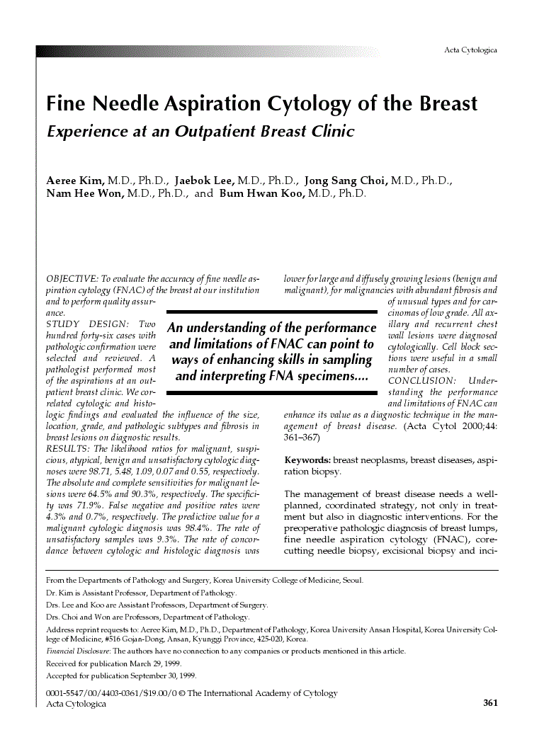 First page of Fine Needle Aspiration Cytology of the Breast<subtitle>Experience at an Outpatient Breast Clinic</subtitle>