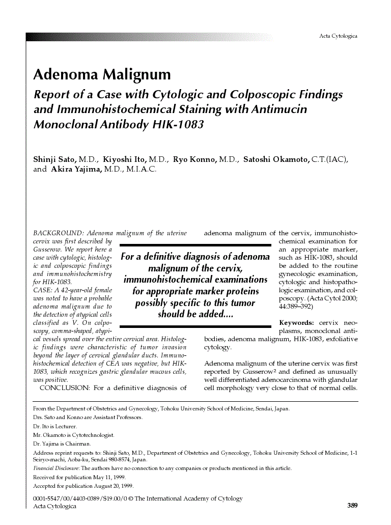 First page of Adenoma Malignum<subtitle>Report of a Case with Cytologic and Colposcopic Findings and Immunohistochemical Staining with Antimucin Monoclonal Antibody HIK-1083</subtitle>