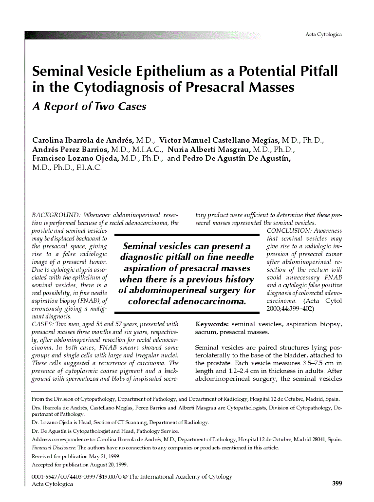 First page of Seminal Vesicle Epithelium as a Potential Pitfall in the Cytodiagnosis of Presacral Masses<subtitle>A Report of Two Cases</subtitle>