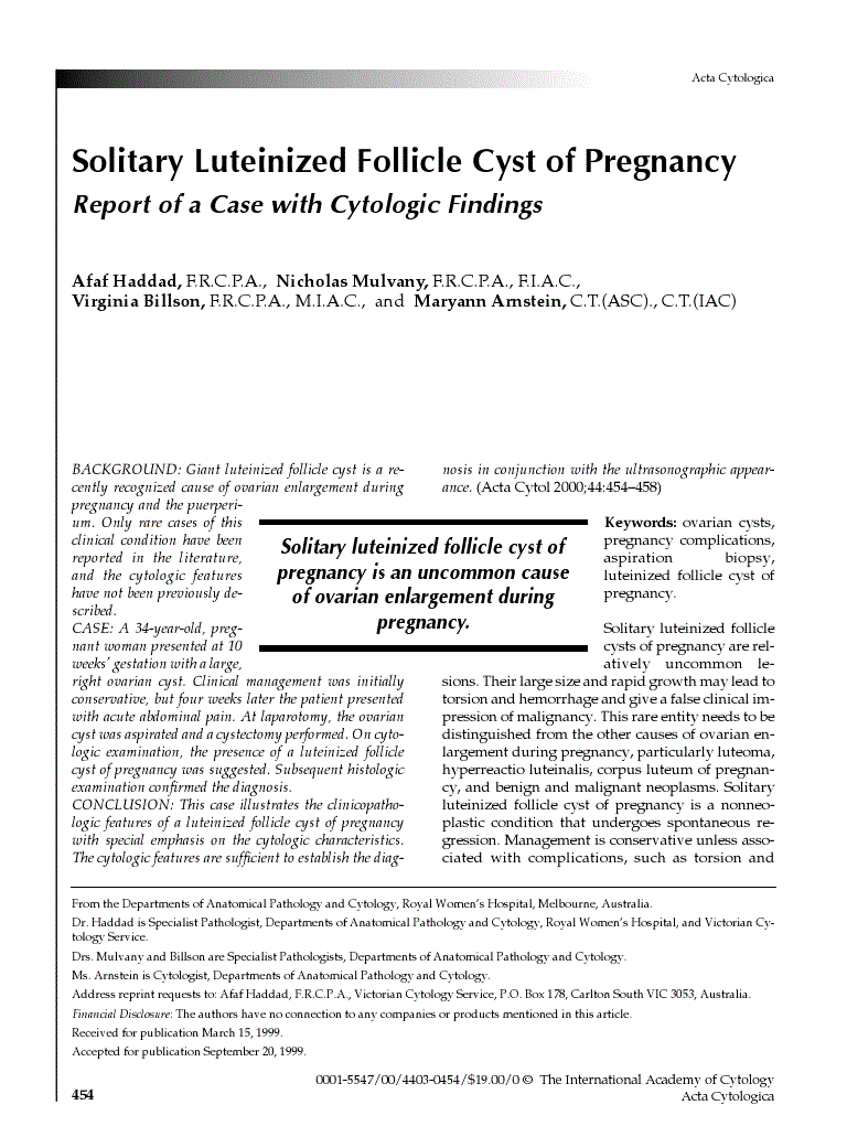 First page of Solitary Luteinized Follicle Cyst of Pregnancy<subtitle>Report of a Case with Cytologic Findings</subtitle>