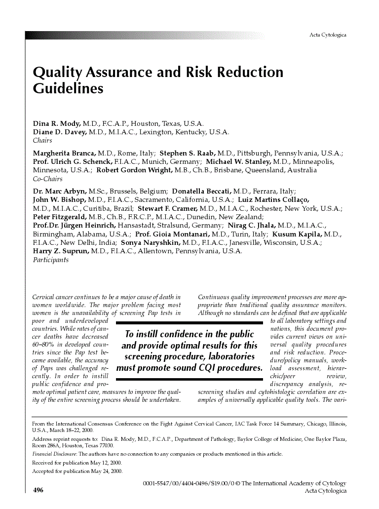 First page of Quality Assurance and Risk Reduction Guidelines