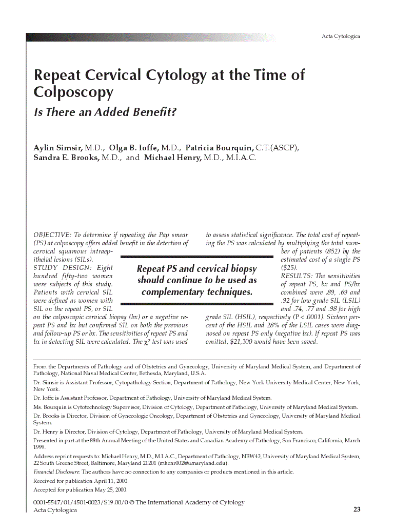 First page of Repeat Cervical Cytology at the Time of Colposcopy<subtitle>Is There an Added Benefit?</subtitle>