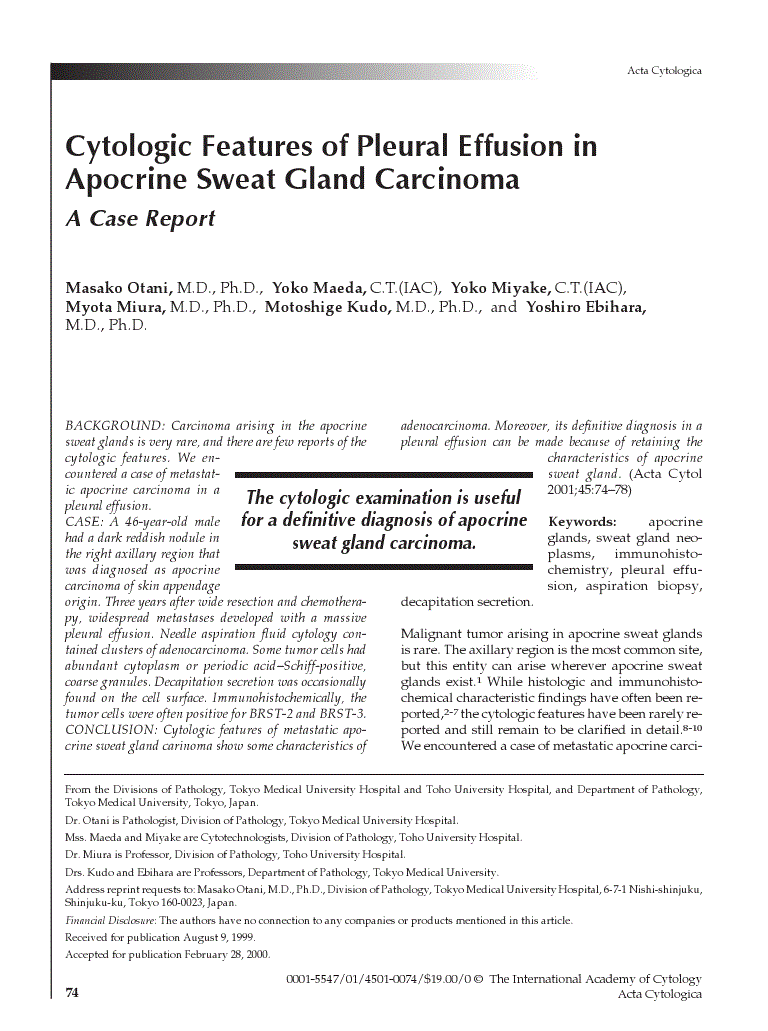 First page of Cytologic Features of Pleural Effusion in Apocrine Sweat Gland Carcinoma<subtitle>A Case Report</subtitle>