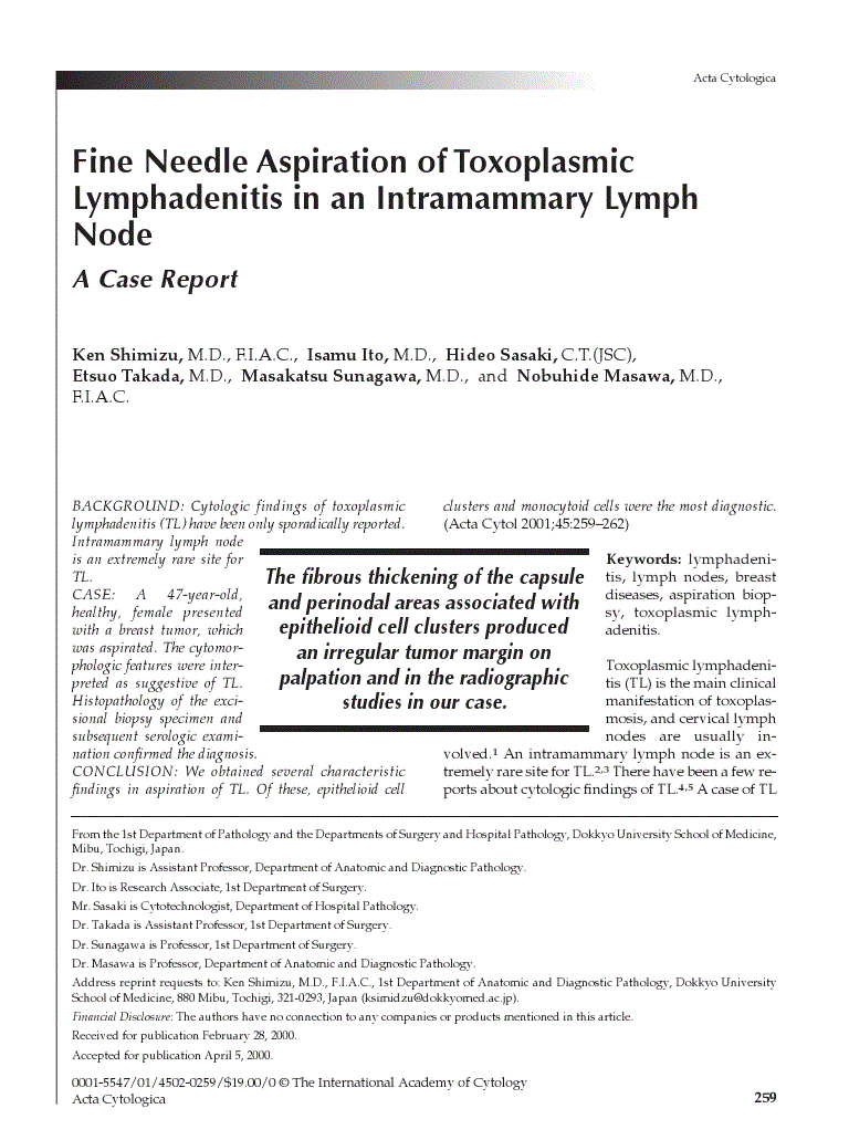 First page of Fine Needle Aspiration of Toxoplasmic Lymphadenitis in an Intramammary Lymph Node<subtitle>A Case Report</subtitle>