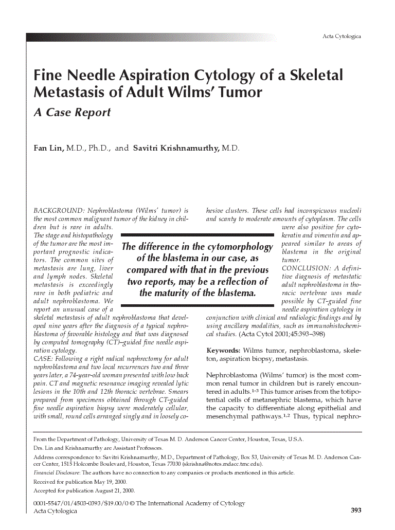 First page of Fine Needle Aspiration Cytology of a Skeletal Metastasis of Adult Wilms’ Tumor<subtitle>A Case Report</subtitle>