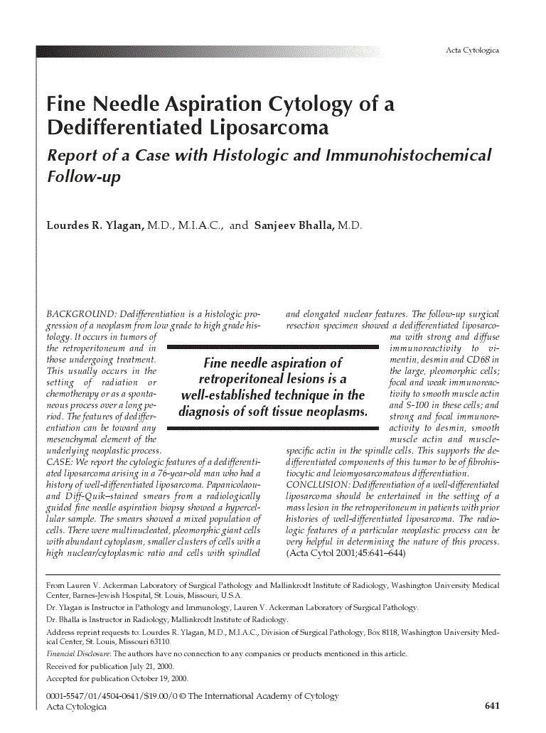 First page of Fine Needle Aspiration Cytology of a Dedifferentiated Liposarcoma<subtitle>Report of a Case with Histologic and Immunohistochemical Follow-up</subtitle>