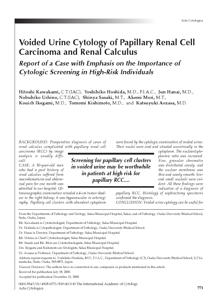 First page of Voided Urine Cytology of Papillary Renal Cell Carcinoma and Renal Calculus<subtitle>Report of a Case with Emphasis on the Importance of Cytologic Screening in High-Risk Individuals</subtitle>