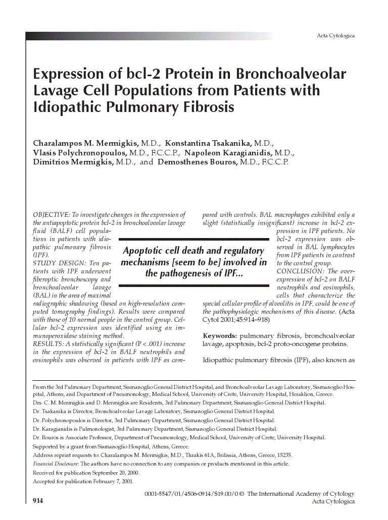 First page of Expression of bcl-2 Protein in Bronchoalveolar Lavage Cell Populations from Patients with Idiopathic Pulmonary Fibrosis