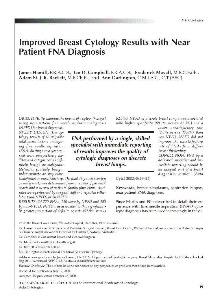 First page of Improved Breast Cytology Results with Near Patient FNA Diagnosis