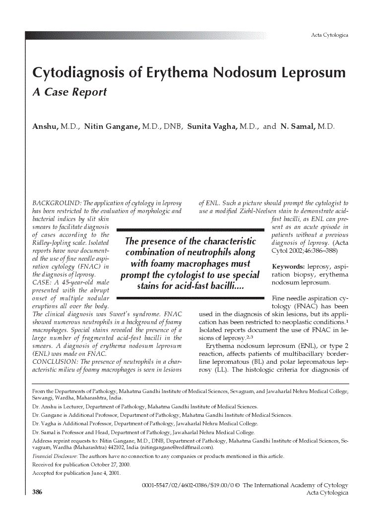 First page of Cytodiagnosis of Erythema Nodosum Leprosum<subtitle>A Case Report</subtitle>