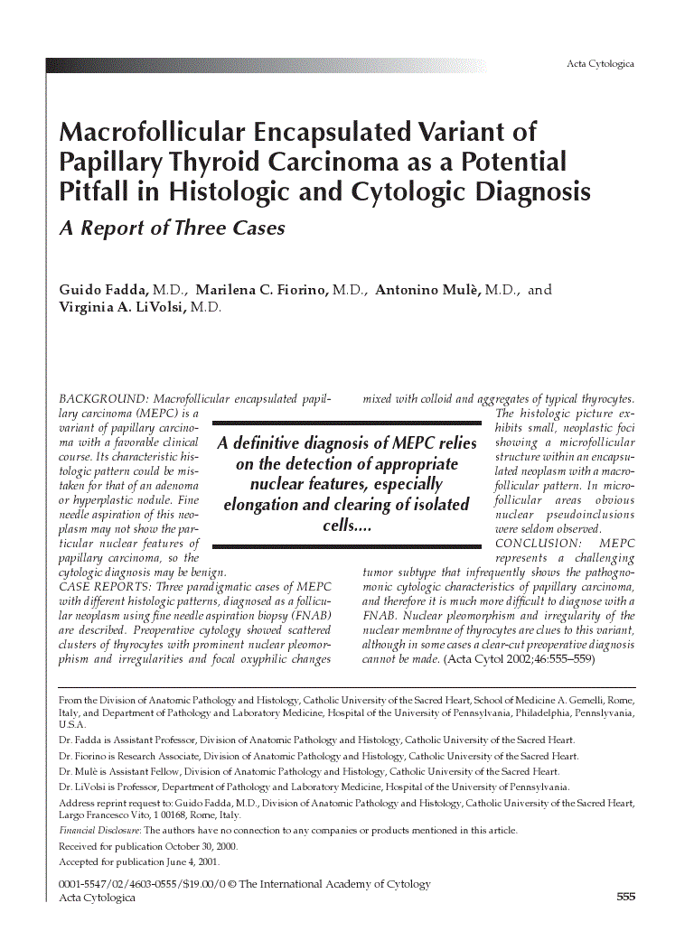 First page of Macrofollicular Encapsulated Variant of Papillary Thyroid Carcinoma as a Potential Pitfall in Histologic and Cytologic Diagnosis<subtitle>A Report of Three Cases</subtitle>