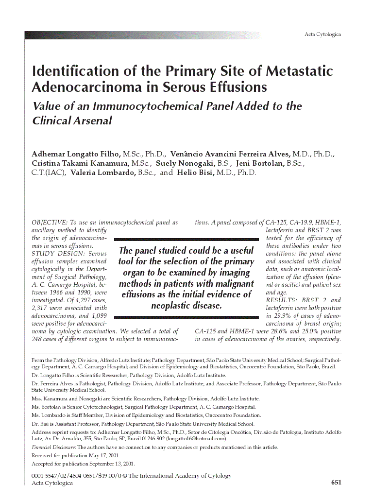 First page of Identi.cation of the Primary Site of Metastatic Adenocarcinoma in Serous Effusions<subtitle>Value of an Immunocytochemical Panel Added to the Clinical Arsenal</subtitle>